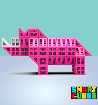 Red rhino buidling brick toy made from six-sided interlocking triangles and cubes.