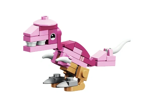 Brightly colored toy dinosaur made from plastic building bricks